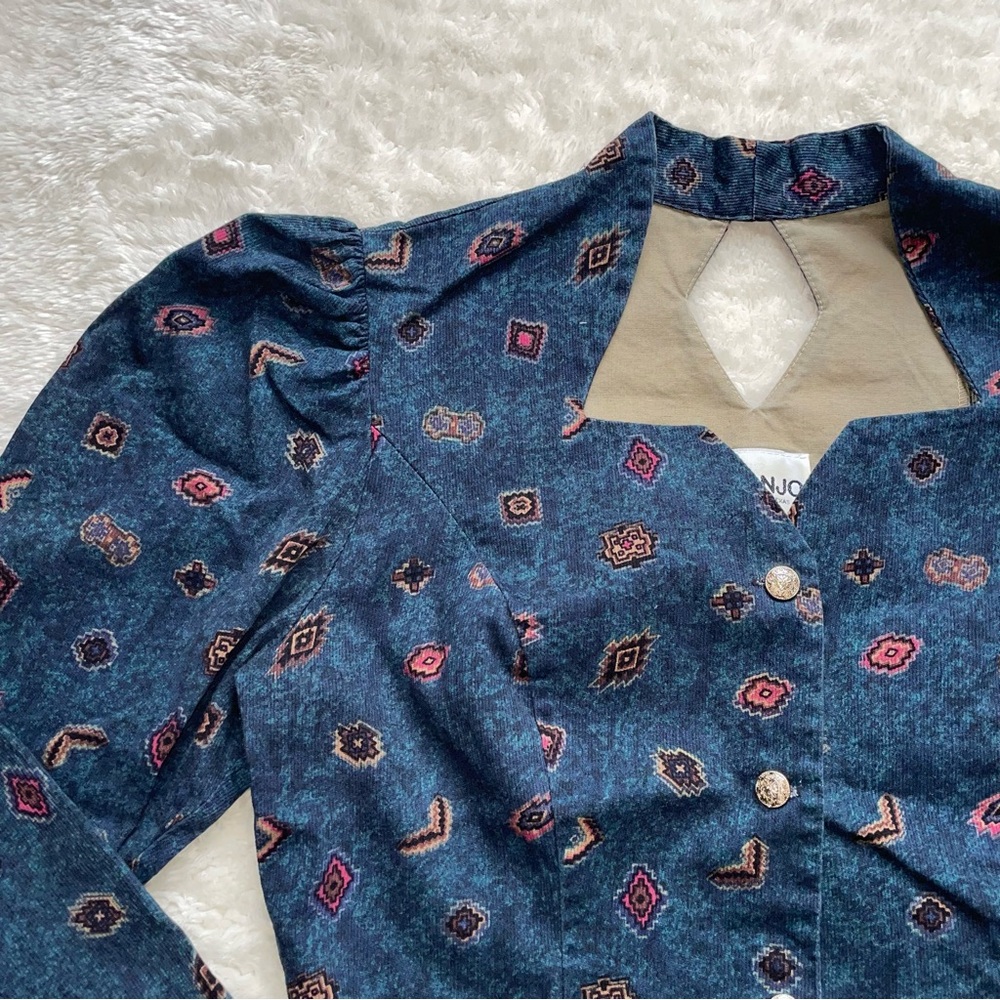 Banjo 90’s crop denim corduroy button up western print puff sleeve blouse - Picture 4 of 8